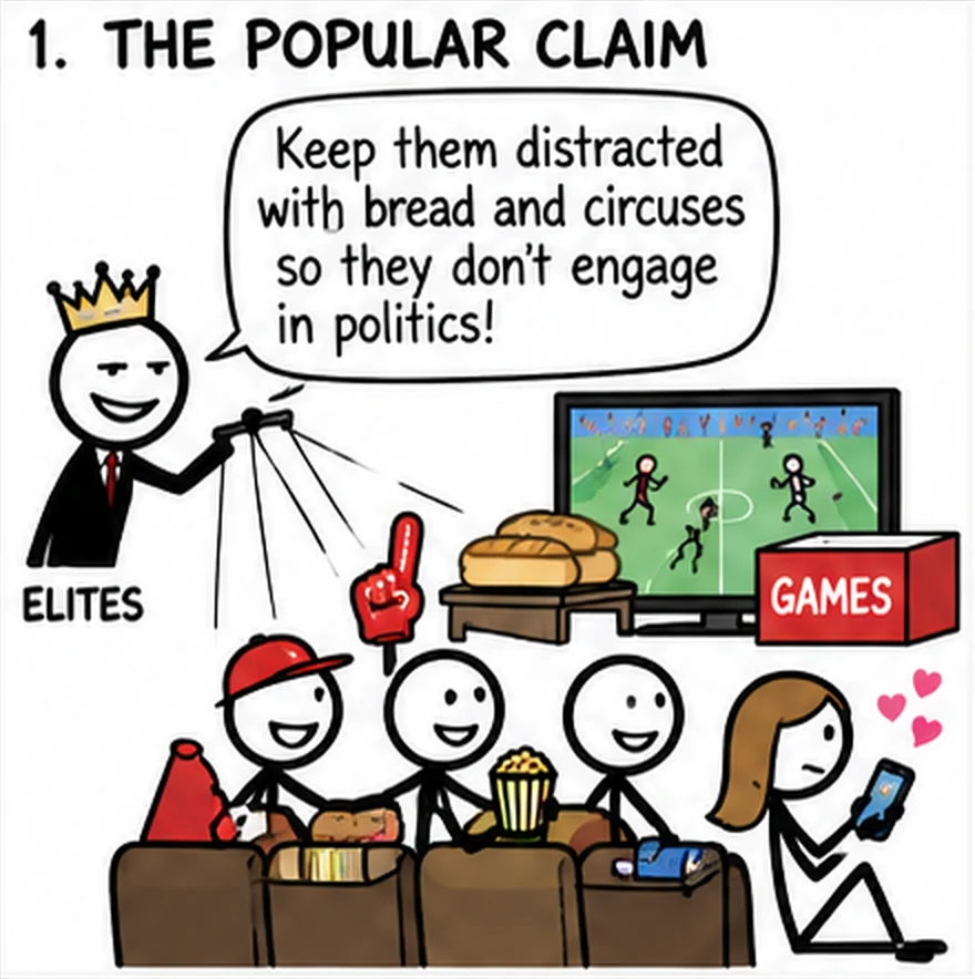 Panel one, the popular claim. A crowned figure labelled Elites works strings and says: keep them distracted with bread and circuses so they don't engage in politics. Friends on a couch watch football, one woman looks at her phone.