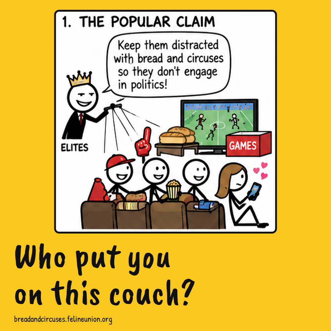 A crowned figure works strings over friends on a couch watching football. Who put you on this couch?
