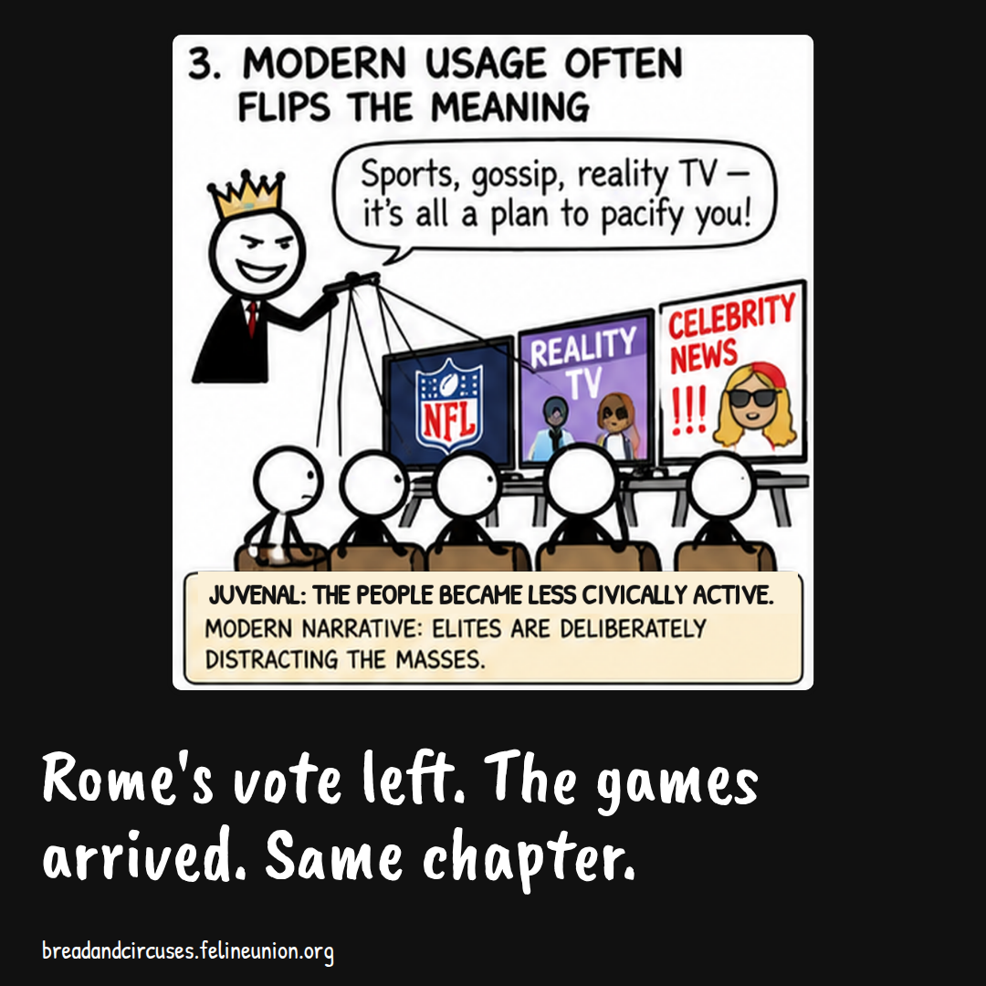 A crowned figure pulls strings on a row of people facing the NFL, reality TV and celebrity news. Rome's vote left. The games arrived. Same chapter.