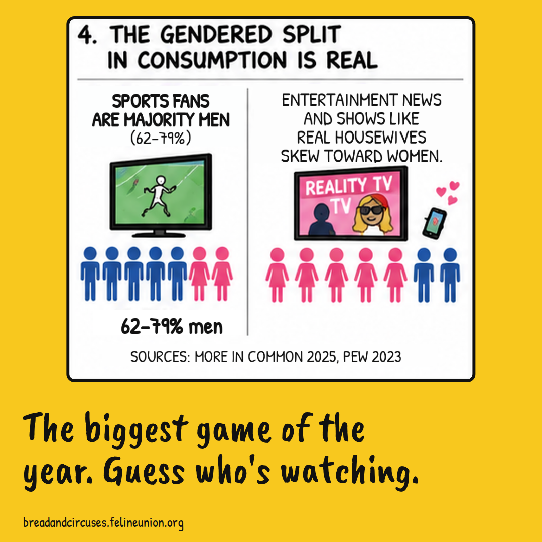 Blue and pink figures under a football screen and a reality TV screen. The biggest game of the year. Guess who's watching.