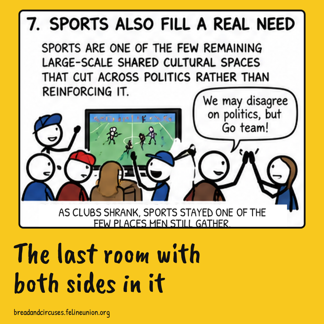 Fans in different caps watch a game and high-five. The last room with both sides in it